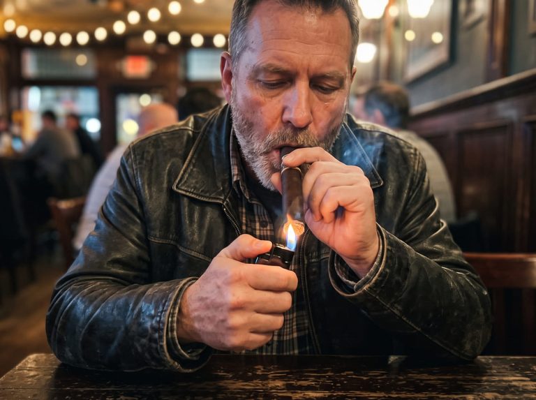 man lighting a cigar
